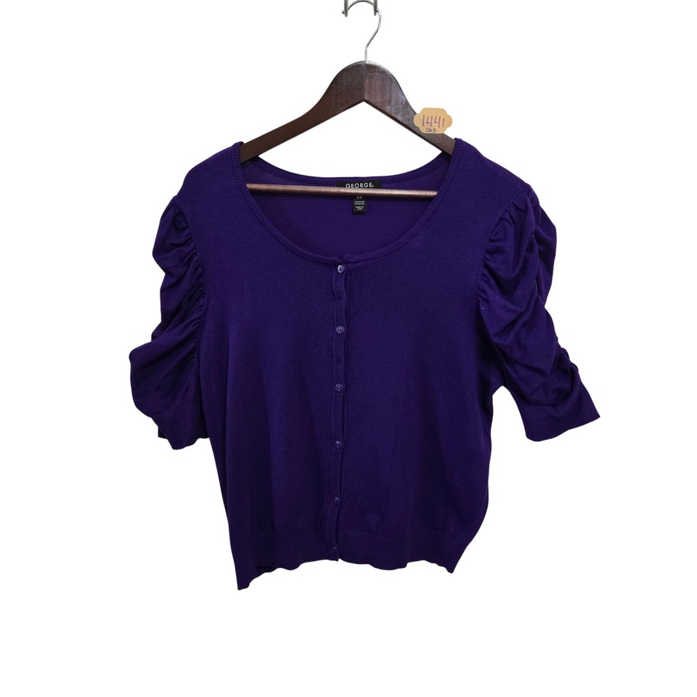 George Purple Ruched Puff Sleeve Cardigan Sweater VTG 90s Y2K L 12-14 GL39S531